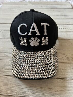 Black 'CAT' Rhinestone Paw MoM  Baseball Cap